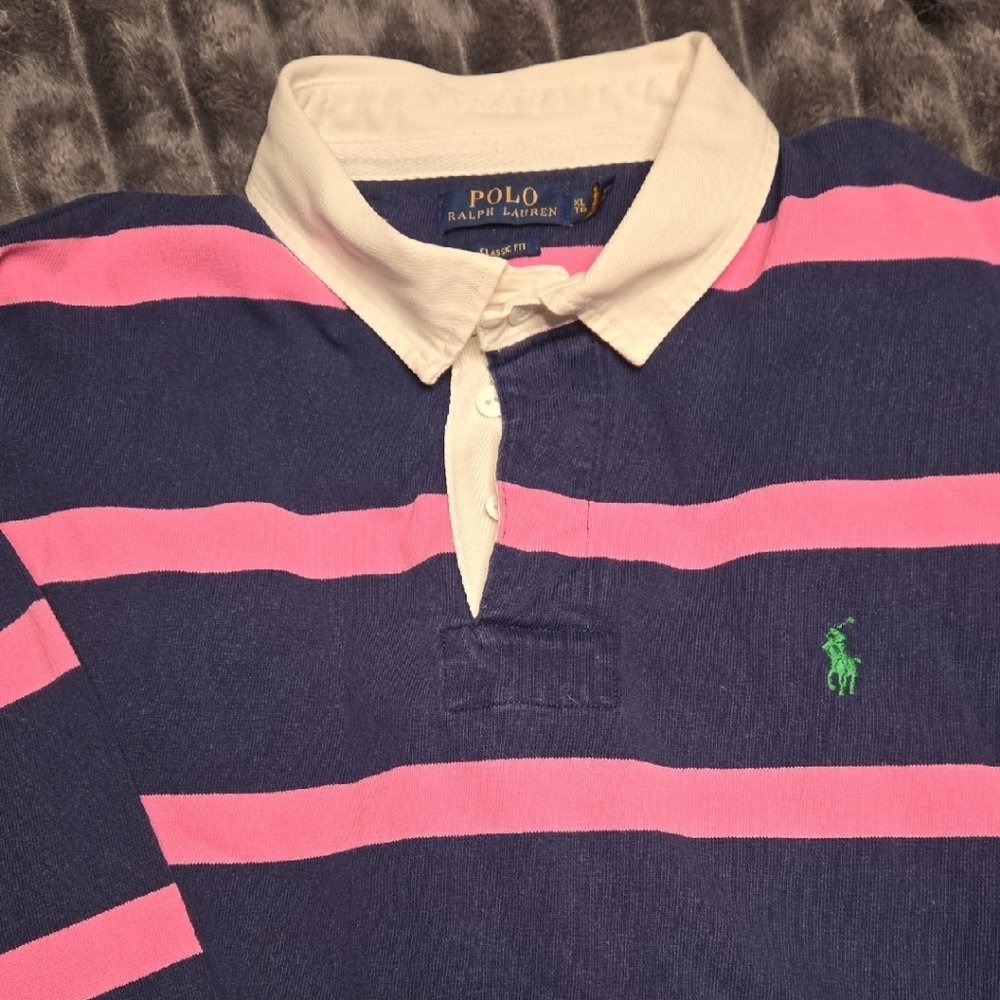 Ralph Lauren Long Sleeve Blue and Pink Striped Polo